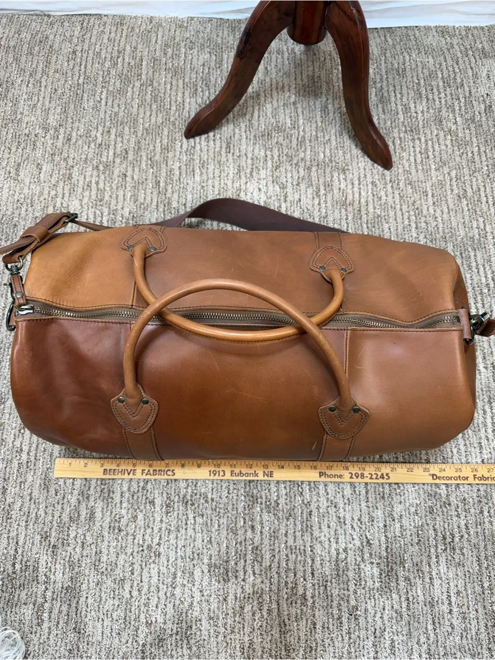L.L. Bean Signature Cognac Brown Leather‎ Travel Duffle Weekender Canvas Lined